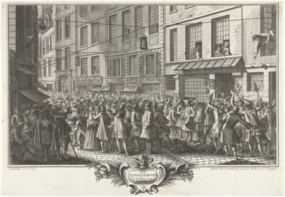 Från Rue Quinquempoix, 1720 Rue Quinquempoix år 1720 (titel på objekt) Het Groote Tafereel der Dwaasheid (serietitel) av Antoine Humblot