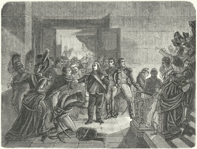 Ludvig XVIII lämnar Tuileriepalatset efter att ha fått veta om Napoleons återkomst till Frankrike från Elba av Antoine Jean (after) Gros