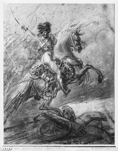 Officer från husarer till häst (svart blyertspenna och blå pastell och vita överstrykningar på papper) av Antoine Jean Gros