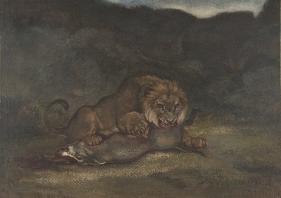 Lejon slukar byte, 1810-75. av Antoine Louis Barye