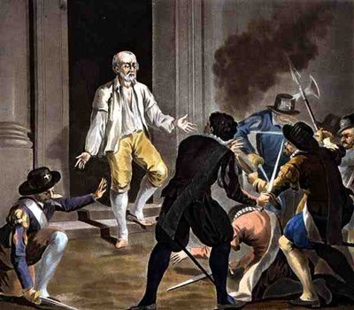 Gaspard de Colignys död, graverad av Jean Baptiste Morret (fl.1790-1820) 1788 (färgad gravyr) av Antoine Louis Francois (after) Sergent Marceau