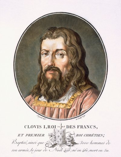 Clovis I, från "Porträtt av stora män, illustra kvinnor och minnesvärda ämnen i Frankrike, graverade och tryckta i färg", utgiven av Pierre Blin, 1786-92, Paris (färgstick) av Antoine Louis Francois Sergent Marceau