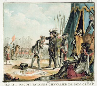 Henri II (1519-59) tar emot Jean de Tavanes som riddare i sin orden, graverad av Roger, 1788 av Antoine Louis Francois Sergent Marceau