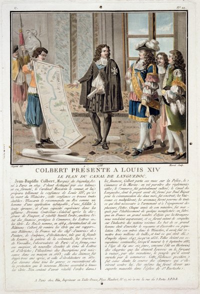 Jean Baptiste Colbert (1619-83) överlämnar kartan över Canal du Languedoc till Ludvig XIV, graverad av Jean Baptiste Morret (fl.1790-1820), 1788 av Antoine Louis Francois Sergent Marceau