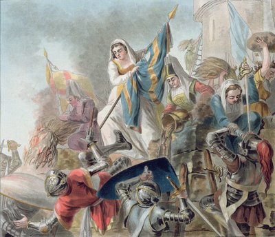 Jeanne Laisne höjer en standard mot männen i Bourgogne, graverad av Morret (fl. 1790-1820) 1787 av Antoine Louis Francois Sergent Marceau