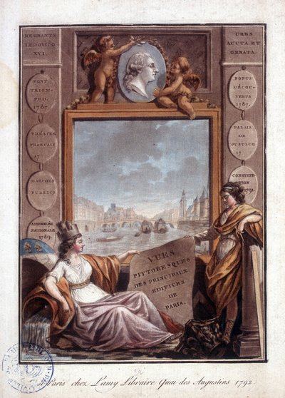 Paris sett från Lamy, bokhandeln Quai des Augustins av Antoine Louis Francois Sergent Marceau