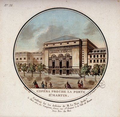 Operan byggd enligt ritningarna av arkitekten Le Noir nära Porte Saint Martin i Paris idag teatern i Porte Saint Martin. I prittoresque utsikt över huvudbyggnaderna i Paris av sergeant av Antoine Louis Francois Sergent Marceau