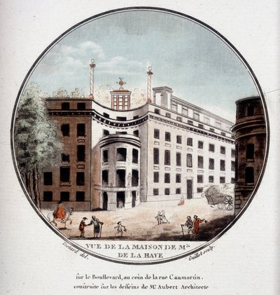 Utsikt över Monsieur de La Hayes hus i hörnet av Rue Caumartin, Paris, byggt efter ritningar av arkitekten Aubert. I pittoresque utsikt över huvudbyggnaderna i Paris av sergeant av Antoine Louis Francois Sergent Marceau