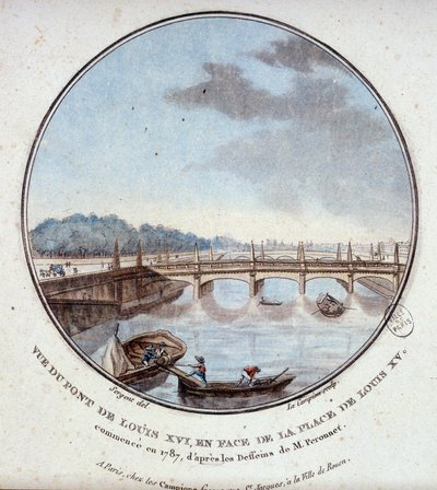 Utsikt över Ludvig XVI:s bro, mittemot Ludvig XV:s plats, startade 1787 enligt ritningarna av Mr. Peronnet. I prittoresque utsikt över huvudbyggnaderna i Paris av sergeant av Antoine Louis Francois Sergent Marceau