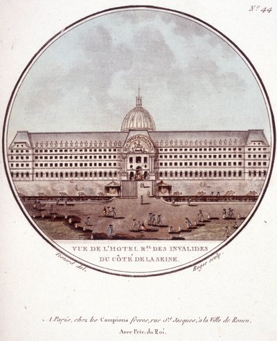 Utsikt över hotel regional des Invalides på Seine-sidan, Paris. I pittoresque utsikt över huvudbyggnaderna i Paris av sergeant av Antoine Louis Francois Sergent Marceau