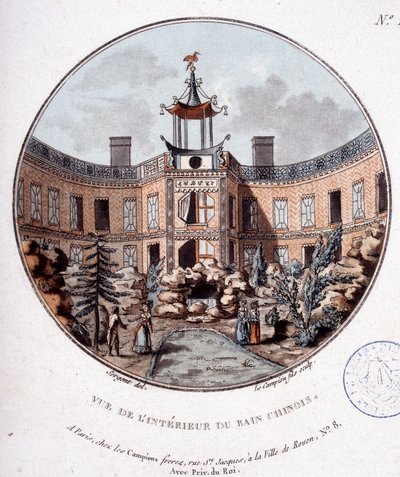 Vy över det inre av det kinesiska badet, Paris. I prittoresque utsikt över huvudbyggnaderna i Paris av sergeant av Antoine Louis Francois Sergent Marceau