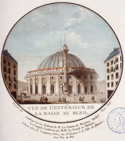 Utsikt över utsidan av vetemarknaden, Paris byggt av Le Camus de Mézières mellan 1763 och 1766, idag börsen i Paris. I prittoresque utsikt över huvudbyggnaderna i Paris av sergeant av Antoine Louis Francois Sergent Marceau
