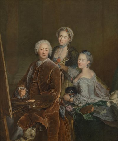 Självporträtt framför staffliet med döttrarna Henriette Joyard och Marie de Rège av Antoine Pesne