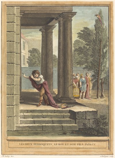 Två papegojor, kungen och hans son av Antoine Radigues after Jean Baptiste Oudry