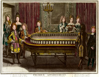 Philippe av Frankrike, hertig av Anjou, dåvarande kung av Spanien (1683-1746), Charles, hertig av Berry (1686-1714) och prins av Wales spelar portik i Ludvig XIV:s första lägenhet i Versailles - Gravyr av Antoine Trouvain (1656) -1708) Privat samling - Cha av Antoine Trouvain
