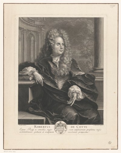 Porträtt av Robert de Cotte lutad mot en bok i klassisk arkitektur Robertus De Cotte (titel på objekt) av Antoine Trouvain