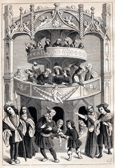 Frontispice of "" Le Grant Therence en Francois"" av Antoine Verard (aktiv 1485-1512) - teatralisk representation på 1500-talet av Antoine Verard