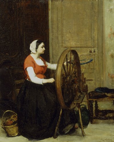 Kvinna och spinnhjul, ca 1860? av Antoine Vollon