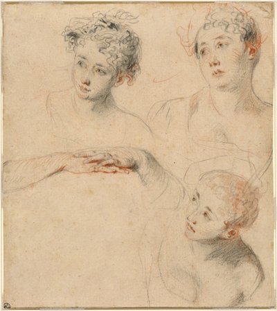 Tre studier av en kvinnas huvud och en studie av händer [Recto] av Antoine Watteau