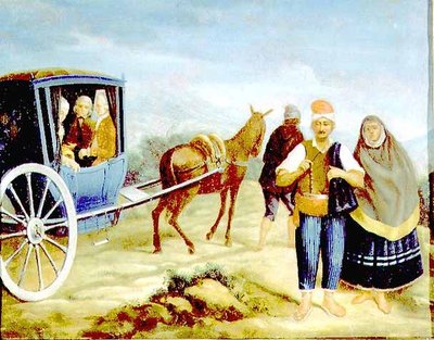 Adelsmän i en maltesisk Kaless som bär mästaren de Rohans vapen och passerar maltesiska bönder vid vägkanten av Antoine de (circle of) Favray