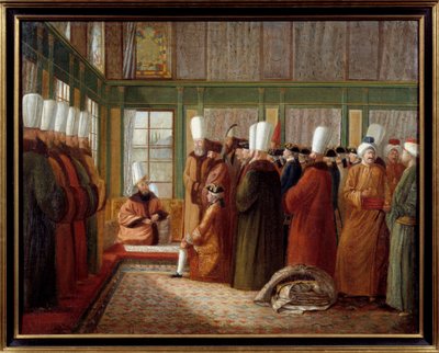 Osmanska riket: "" Mottagning av storvisiren av en ambassadör av Frankrike i tjänst för kung Ludvig XVI i Turkiet"" Målning av Antoine de Favray (1706-1791) 1700-talets Marseille, Musee de la Marine - Osmanska riket: Mottagning av en fransk ambassadör av Antoine de Favray