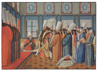 Presentationen av greve de Vergennes, Ludvig XV:s ambassadör, till Reis Effendi, storvesir för den osmanska sultanen "Uthman III" den 31 maj 1755 av Antoine de Favray