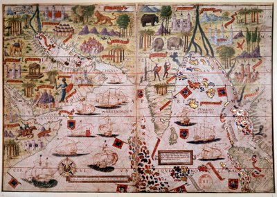 Indes portugisiska sjöatlas. Sida av Atlas Miller-manuskriptet gjord 1519 av Pierre och Georges Reinel, Lopo Homem (kartografer) och Antoine de Hollande (miniatyrist). 1500-talet. Paris, B N. av Antoine de Hollande