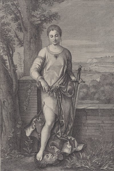 Judith stående med foten på huvudet av Holofernes, ca. 1729. av Antoinette Larcher