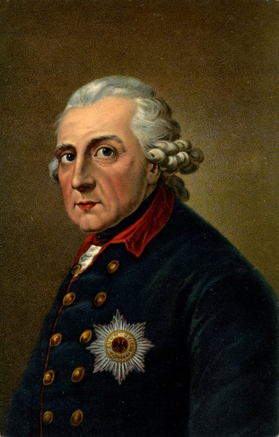 Historia. Tyskland. Fredrik II den store. Illustration inspirerad av ett porträtt av Anton Graff (1780), Tyskland, ca 1900 (vykort) av Anton (after) Graff