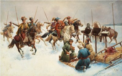 Vinterlandskap med kosacker (postutdelning) - Målning av Adolf Baumgartner Stoiloff (Baumgartner-Stoiloff) (1850-1924), olja på duk, 82x130 cm - Privat samling av Anton Baumgartner-Stoiloff