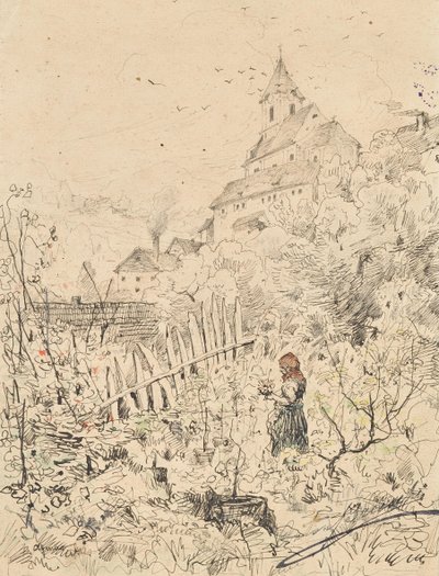Bondeflicka i trädgård, bakom sin kyrka och by av Anton Brioschi