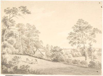 Landskap med hus och kor vid Elbe av Anton Carl Dusch
