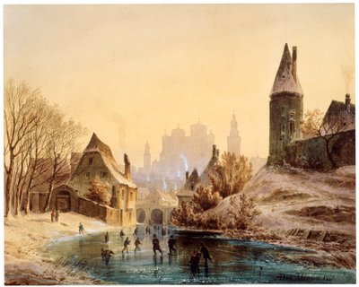 Skridskobana på en flod, 1855. av Anton Doll