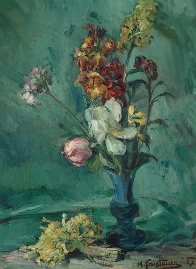 Blommor i blå vas och bukett primula av Anton Faistauer
