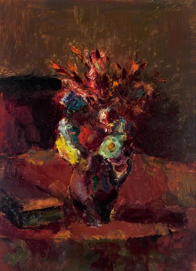 Blomsterbukett med röd bordsduk av Anton Faistauer