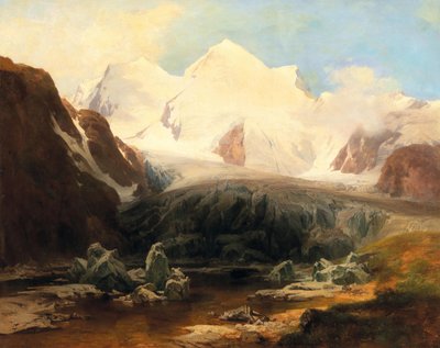 En vy över en bergssjö med snötäckta berg i bakgrunden av Anton Hansch