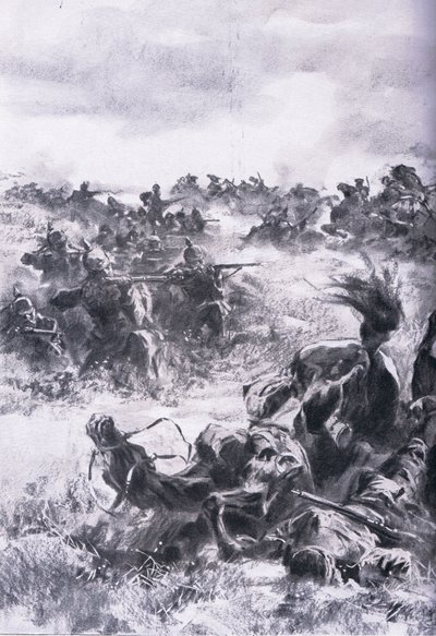 Nederlag för den 14:e ryska kavalleribrigaden vid Praszysz, från puben The Illustrated History of the World War 1914-1915. av Union Berlagsefellfchaft av Anton Hoffman