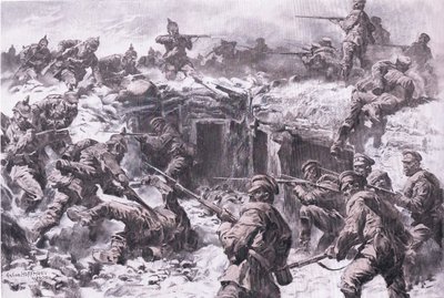 Nederlaget för Moscow Grenadier Corps av schlesiska, preussiska och kejserliga tyska trupper, från puben The Illustrated History of the World War 1914-1915. av Union Berlagsefellfchaft av Anton Hoffman