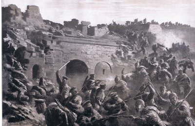 Stormningen av ett fort i Kavno, från puben The Illustrated History of the World War 1914-1915 pub. av Union Berlagsefellfchaft av Anton Hoffman