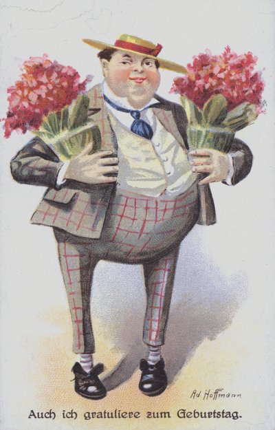 Födelsedagshälsningskort som visar en man som bär klasar av blommor (chromolitho) av Anton Hoffmann