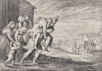 Aeneas flyr från Troja, med en grupp på sex figurer som lämnar staden till vänster, Aeneas bär..., 1728. av Anton Joseph von Prenner