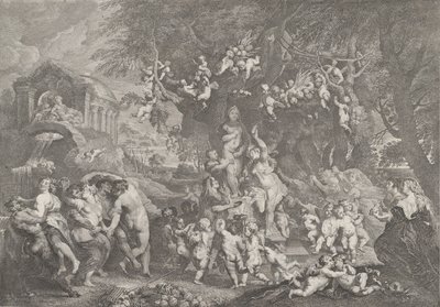 Venusfesten, med grupper av satyrer, nymfer och putti som dansar runt en staty av Ve..., 1732. av Anton Joseph von Prenner