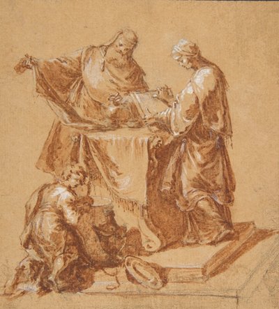En överstepräst, profetinnan Anna och en knästående pojke runt ett bord, 1745. av Anton Kern