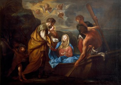 Flyget till Egypten Den heliga familjen går ombord på en båt. Målning av Anton Maria Piola (1654-1715) Collezione Banca Carige Genes av Anton Maria Piola