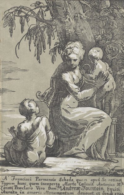 En kvinna som står vid foten av ett träd och håller ett spädbarn, med en sittande pojke, 1724. av Anton Maria Zanetti