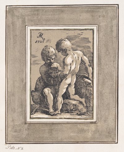 Två barn som leker med ett lamm, 1725. av Anton Maria Zanetti