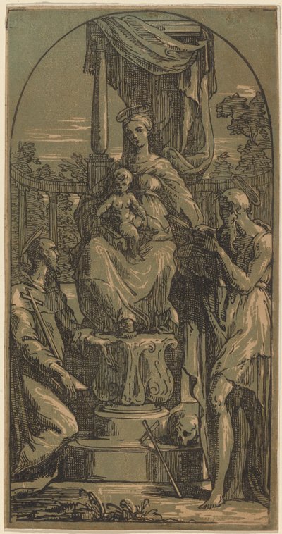 Madonna and Child Enthroned, Saint Hieronymus och Saint Francis av Anton Maria Zanetti I, after Parmigianino