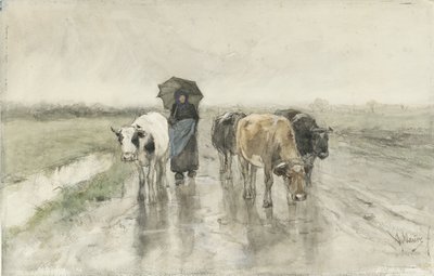 En herdinna med kor på en landsväg i regnet En bondhustru med kor på en landsväg i regnet av Anton Mauve