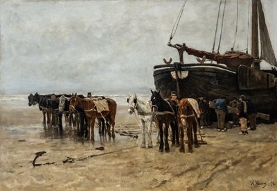 Nederländska: Bomschuit med bogserhästar på Scheveningens strand Fiskebåt med bogserhästar på Scheveningens strand av Anton Mauve