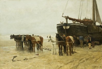 Nederländska: Bomschuit med bogserhästar på Scheveningens strand Fiskebåt med bogserhästar på Scheveningens strand av Anton Mauve